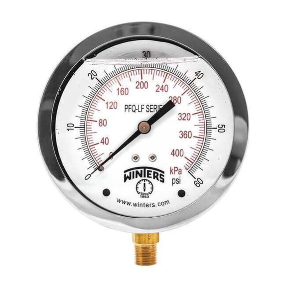 Lead-Free Pressure Gauge, 0 to 60 psi, 4 in Dial, 1/4 in NPT, Bottom Location