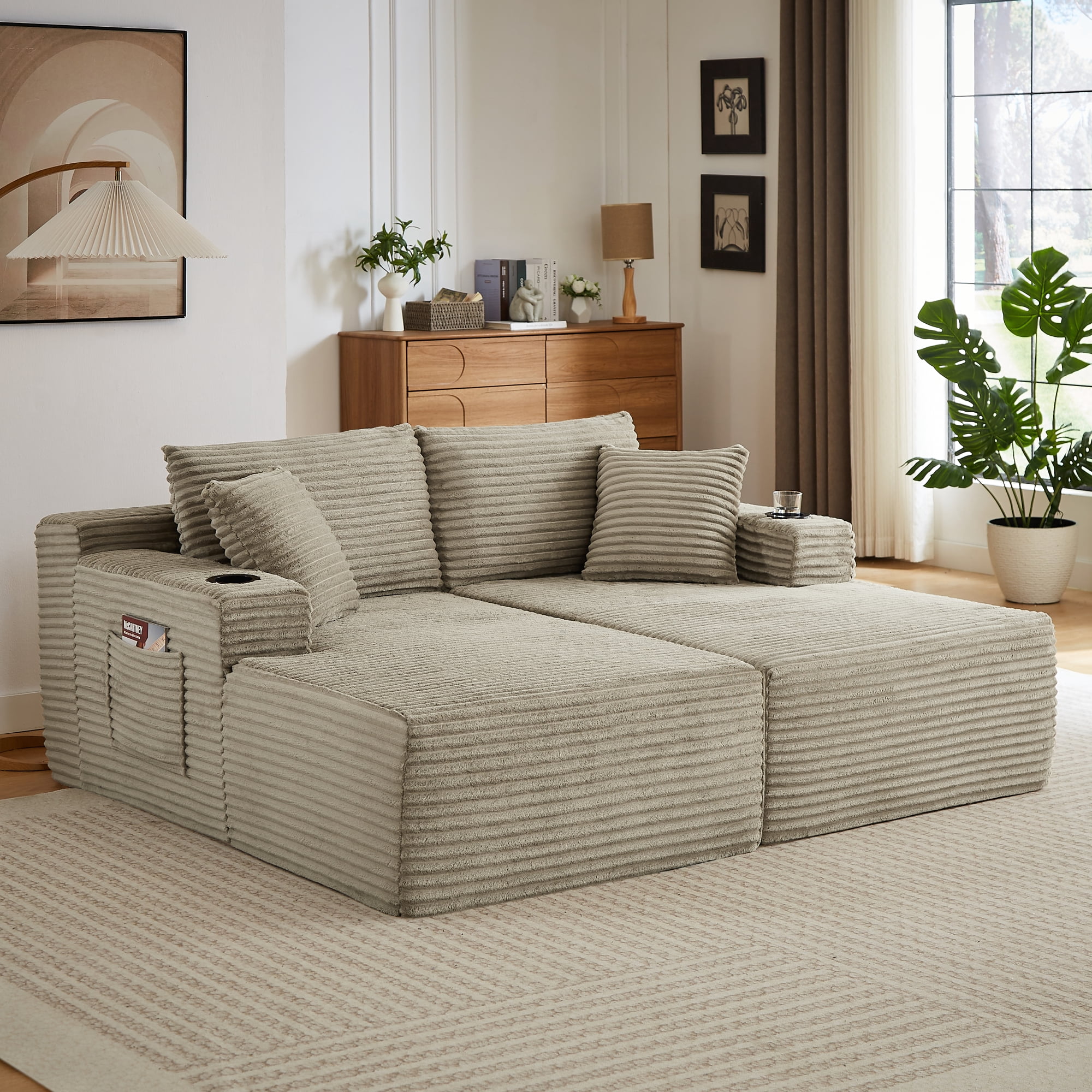 Leumius 133" Oversized Boneless Sectional Couches for Living Room,Modern Corduroy U Shaped Modular Sectional Sofa with Deep Seat,6-Seat Cloud Couch with Cupholders and Side Pockets,No Assembly,Camel