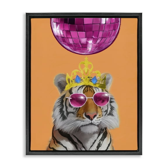 Stupell Industries Disco Tiger with Crown Animals Painting Black Floater Framed Canvas Art Print Wall Art, 17 x 21