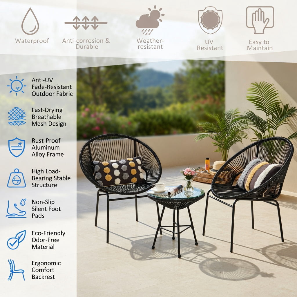 Hommoo 3-Piece Outdoor Acapulco Bistro Set, PE Rope Chairs + Tempered Glass Table for Patio, Yard & Poolside, Black