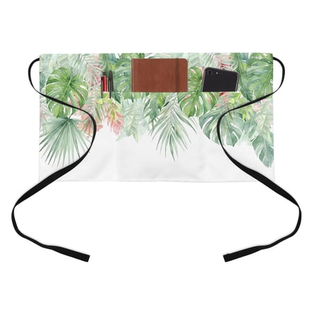Retro Botanical Half Waist Apron Summer Tropical Green Pink Palm Leaf Watercolor Short Waiter Aprons with 3 Pockets for Women Men Kitchen Restaurant Cooking