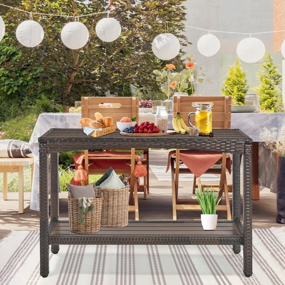 Outdoor Console Table Patio Buffet Bar Storage Organizer 55" Long Wicker Sofa Serving Sideboard Table 2-Shelf Outdoor Narrow Bar Table Tall Rectangle With Adjustable Feet For Entryway Brown