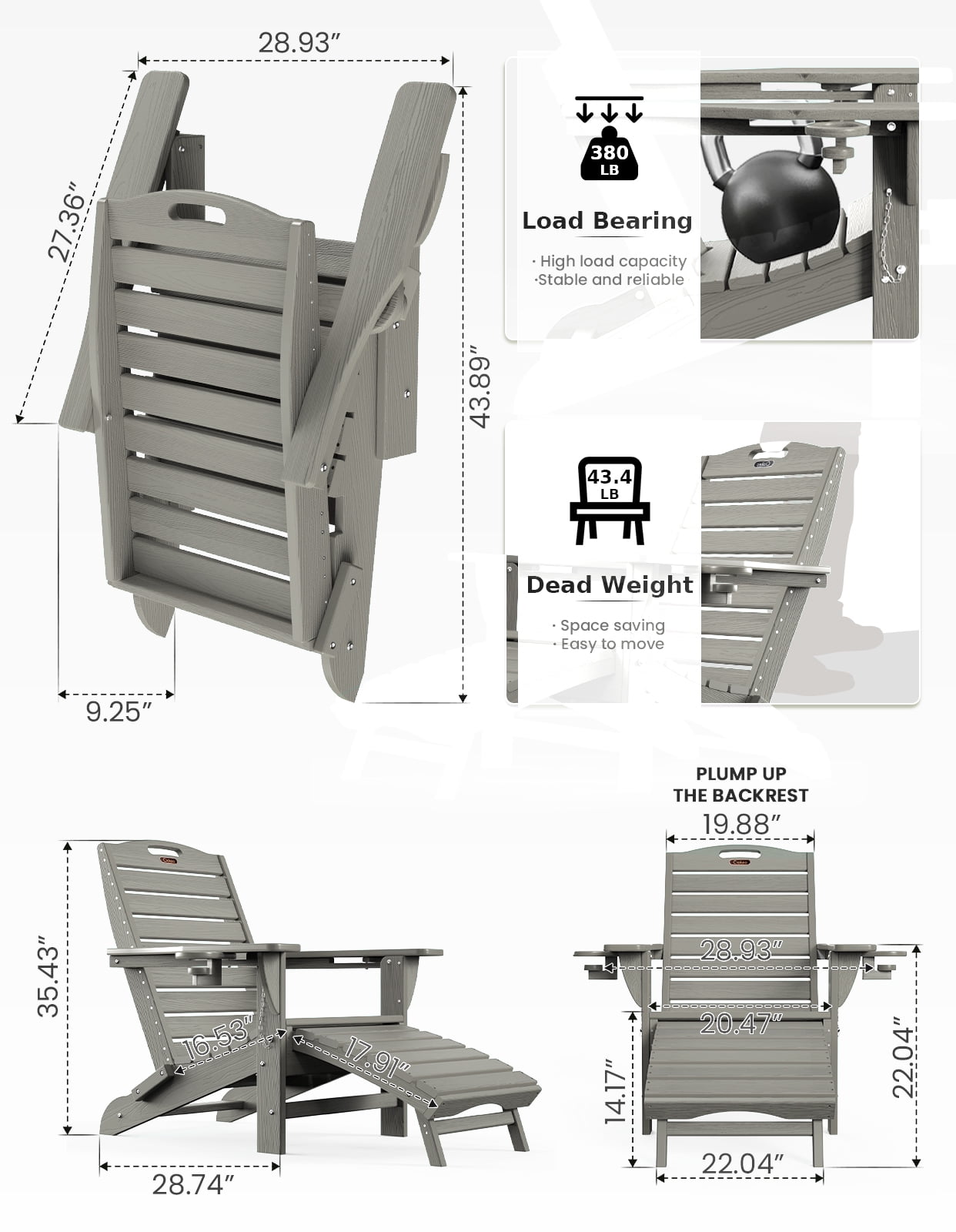 2 Pcs Folding Adirondack Chairs w/ Ottoman, All-Weather HDPE Patio Lounge Chair, Gray