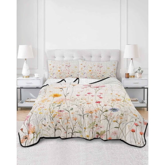 Quilts Full Size, Spring Flowers Soft Comforter Bedding Set for Bed, Watercolor Wildflowers Farmhouse Floral Lightweight Quilted Bedspread with Pillow Cover(2 Pieces) for All Season, 78x90 Inch
