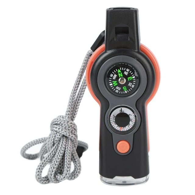 Silbato de supervivencia de emergencia 7 en 1 con luz LED, termómetro y brújula, multifunción, para senderismo y escalada, color naranja