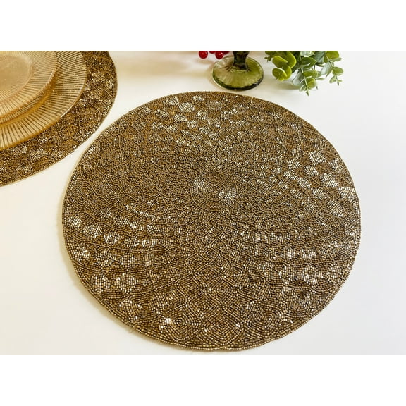 Set of 6, Handmade beaded placemat, small bead tablemat, 14 inch gold, bead charger