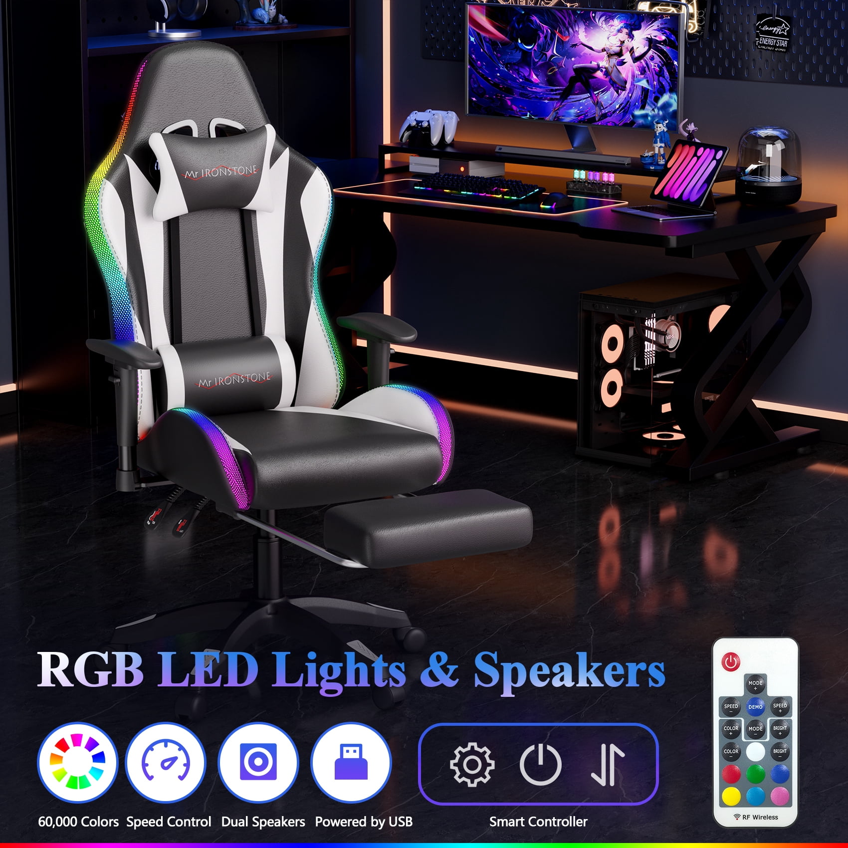 Mr IRONSTONE Gaming Chair for Adults, 7 Point Massage Computer Chair with Bluetooth Speakers RGB, Heavy Duty 400lbs Ergonomic PC Chair with 3D Armrests Footrest, Black/White