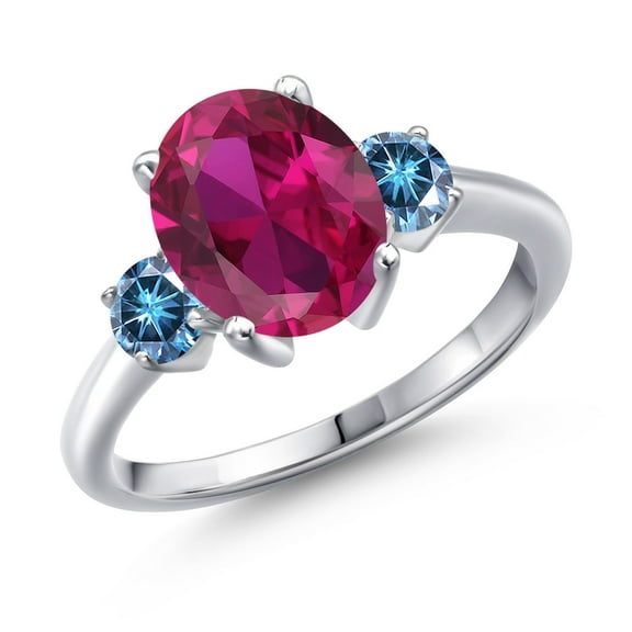 Gem Stone King 925 Sterling Silver Ring Oval Red Created Ruby and Vivid Persian Blue Moissanite (3.46 Cttw, Size 6)