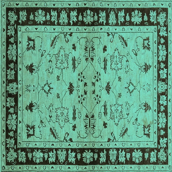 Ahgly Company Machine Washable Indoor Square Oriental Turquoise Blue Industrial Area Rugs, 8' Square