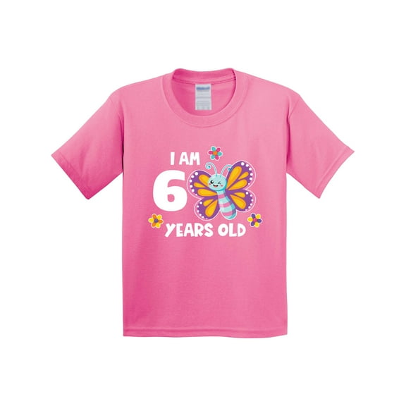 Inktastic I Am 6 Years Old Cute Smiling Butterfly with Flowers Youth T-Shirt