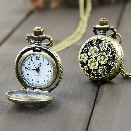 DESIGNICE Vintage Quartz Pocket Watch Necklace Carving Pendant Chain Clock Pocket Watch