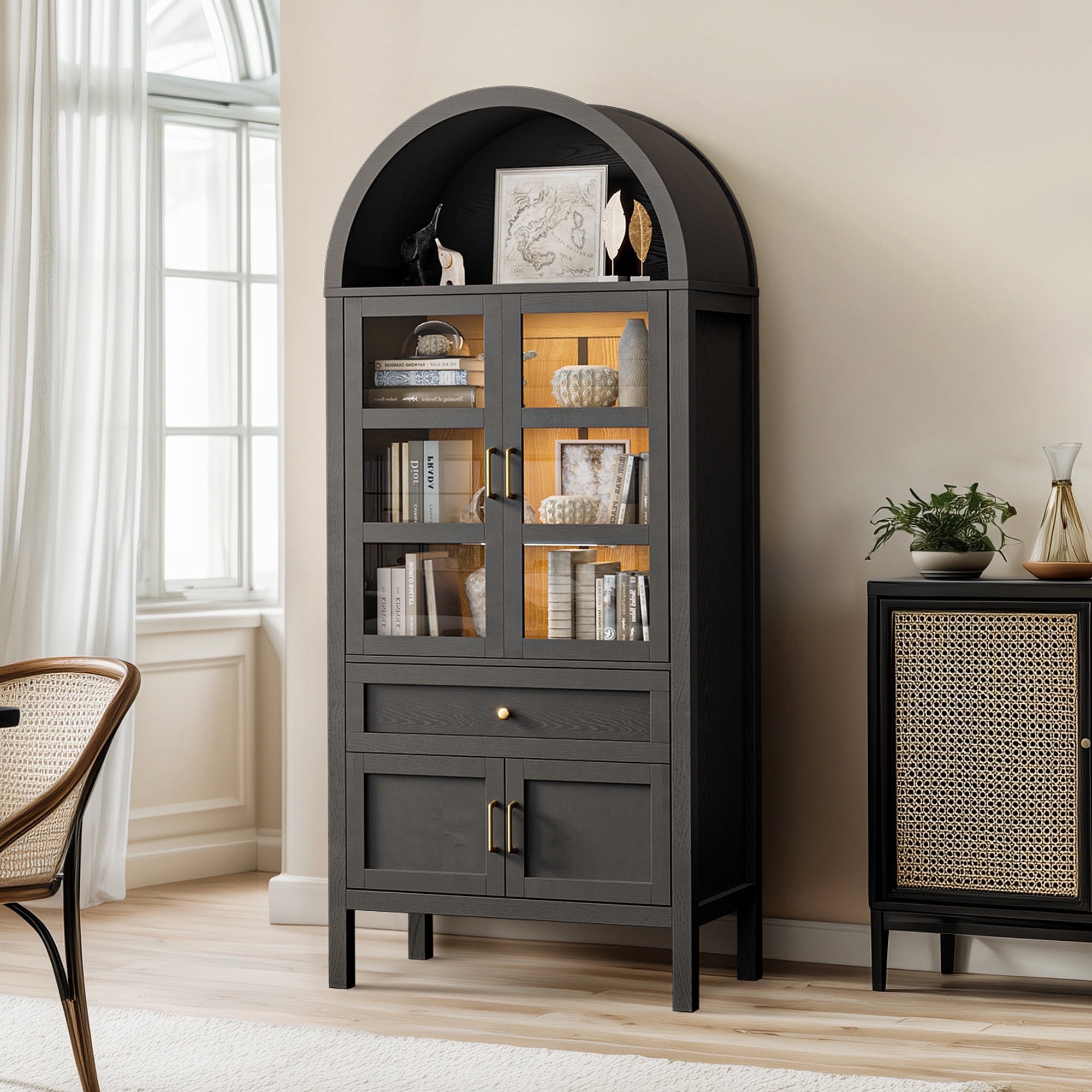 Raffle Pinker 71" Arched Kitchen Pantry Cabinet Display Storage Cabinet with Glass Doors, Black