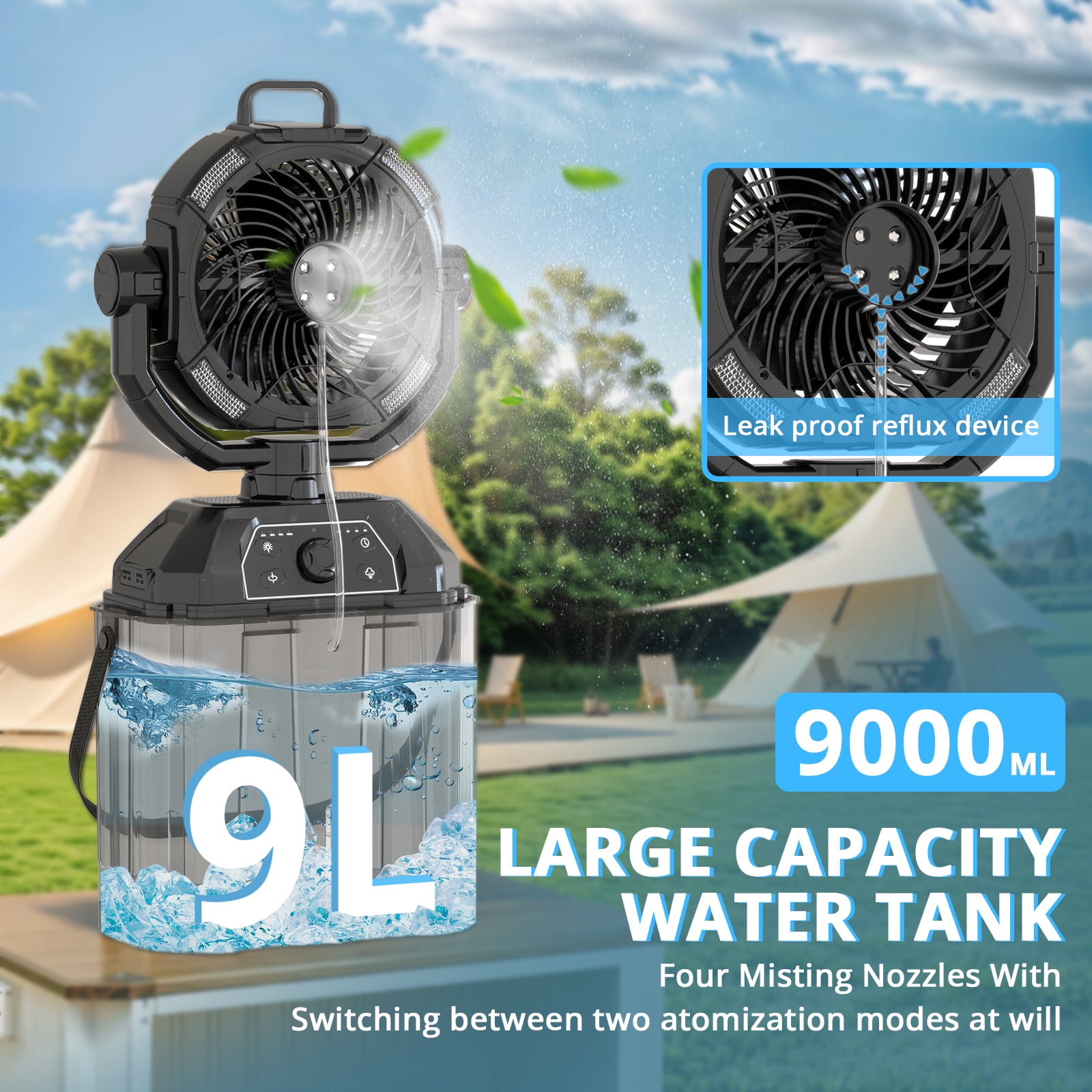 Outdoor Misting Fan Rechargeable with Remote & LED Light,20000mAh Cordless Battery Powered Camping Fan with 9L Water Tank & LED Lantern for Indoor, Tent, Travel, BBQ, Fishing, Jobsite