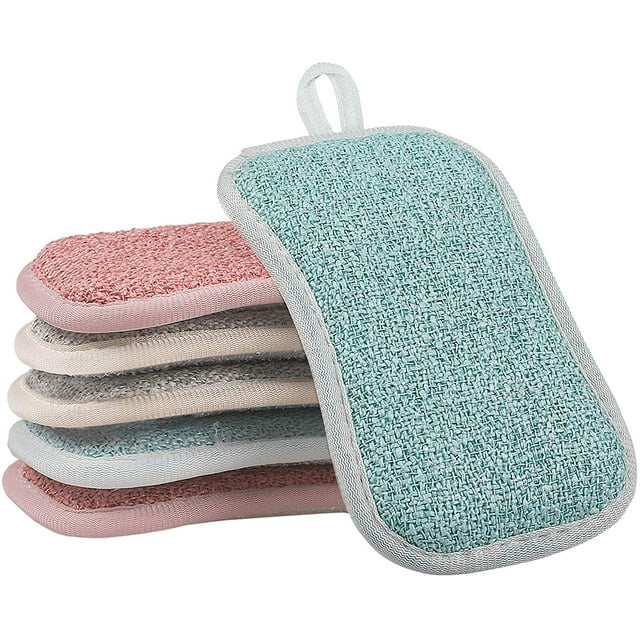 6 Pack Kitchen Scrub Sponges Reusable Non-Scratch Microfiber Sponge Heavy Duty Scouring Pad for Kitchen Cleaning, Multifunctional Household Washing Tool (3 Colors)