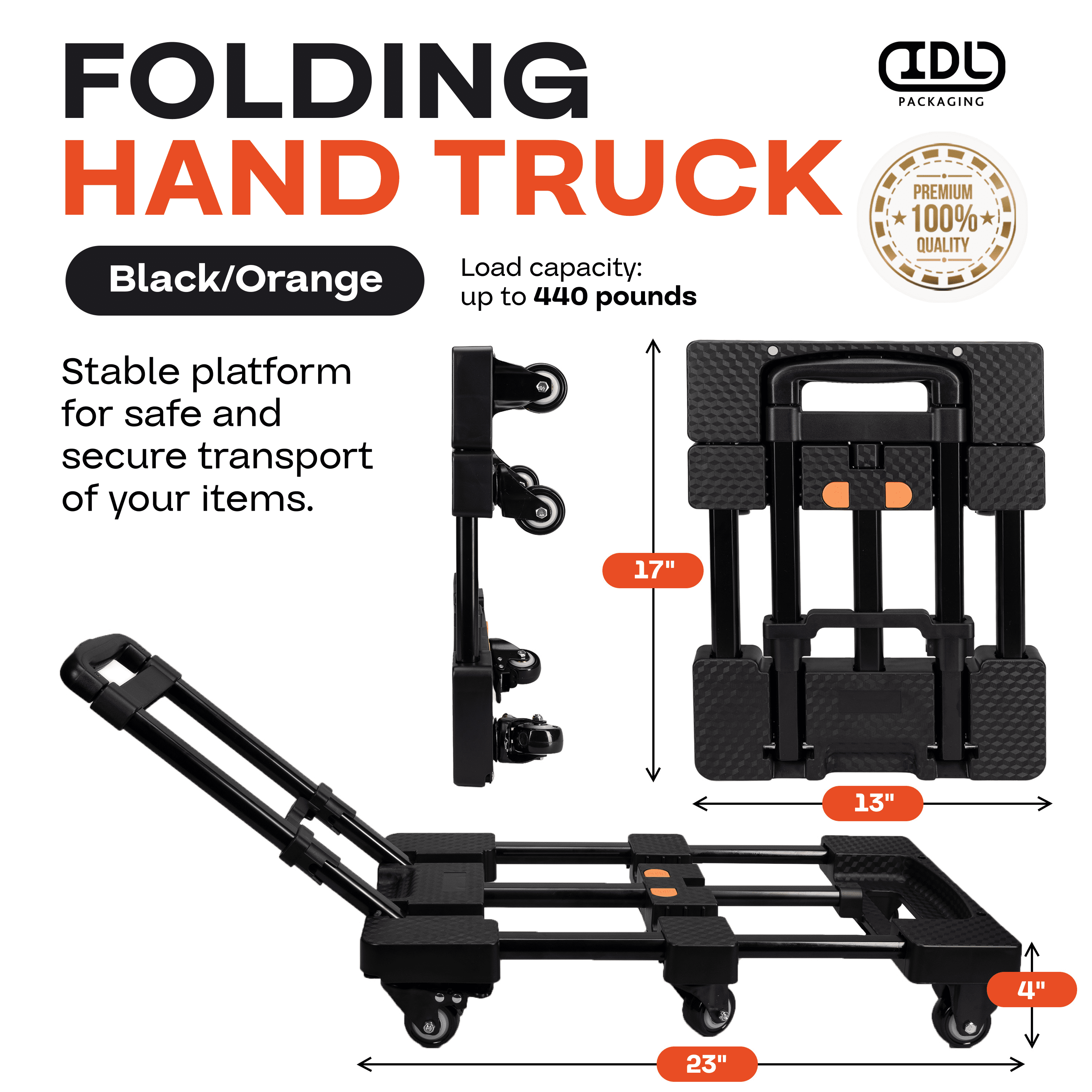 IDL Packaging Black Folding Hand Truck - 500lbs Heavy-Duty Dolly Cart for Shopping and Travel
