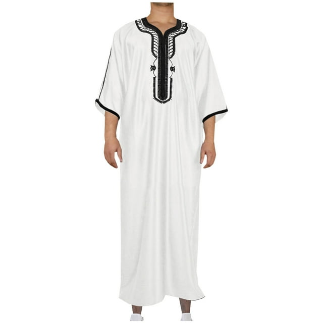 RXIRUCGD Men's Muslim Robe Arab Middle Robe Long Style Long Sleeve Embroidered Standing Neck Long Shirt Fashion Casual Robe, White, Size : m
