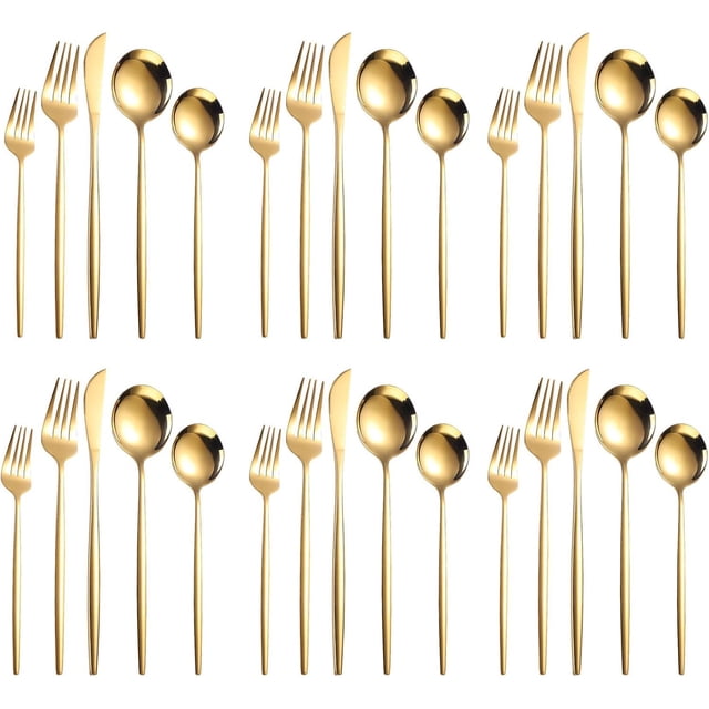 Cubertería de acero inoxidable duradero pulido dorado, tenedores de cuchara, 30 piezas, utensilios de cocina, lavaplatos, adultos y niños, regalo ideal