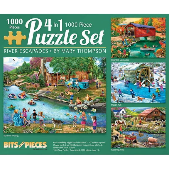 Bits and Pieces 4-in-1 Bundle 1000 Piece Jigsaw Puzzles River Escapades by Mary Thompson 20" x 27"