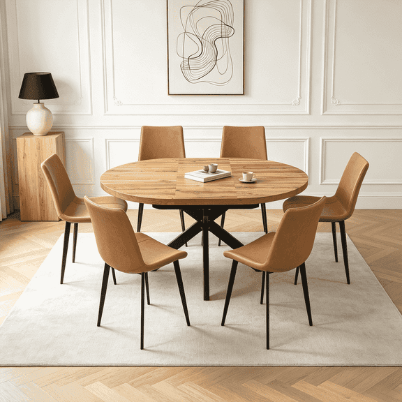 43.2"-59.2" Extendable Round Dining Table Set for 4-6,7 Piece Mid Century Modern Round Kitchen Table Set with 6 Upholstered Chairs for Kitchen Living Room, Space Saving