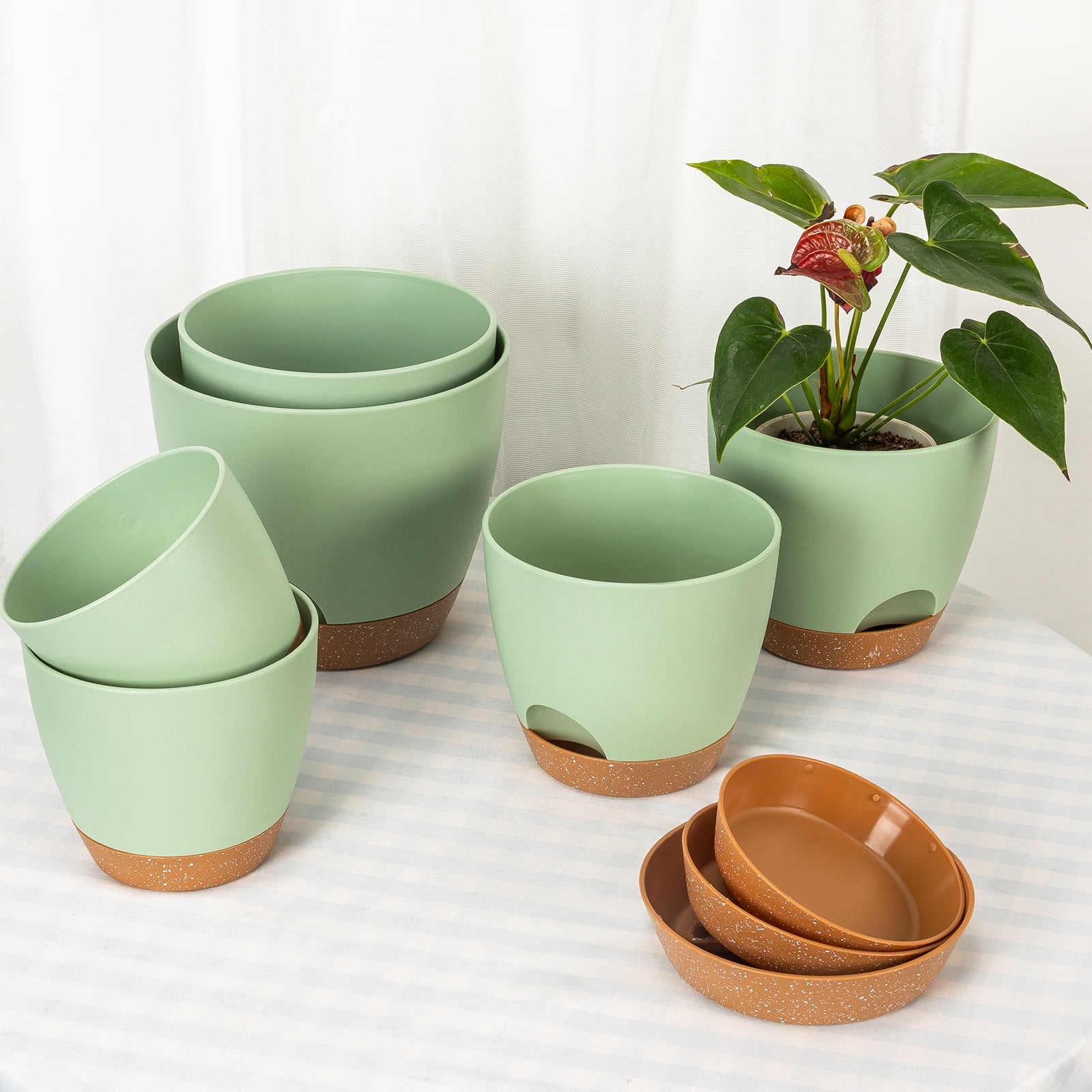 6 Pack Self Watering Plant Pots, Kabaqoo Plastic Planters with Drainage Holes and Saucers, Flower Pots for Indoor Outdoor Garden Plants