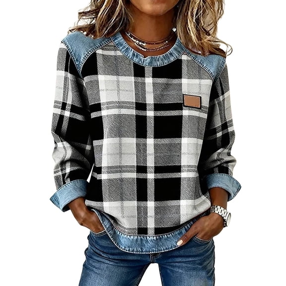 WTXUE Patchwork Denim Sweatshirts Tops Plaid Long Sleeve Shirts Denim Top Pullover Sweatshirt with Denim Collar Denim Sweatshirt for Women Collar Lightweight Patchwork Denim Pullover Black L