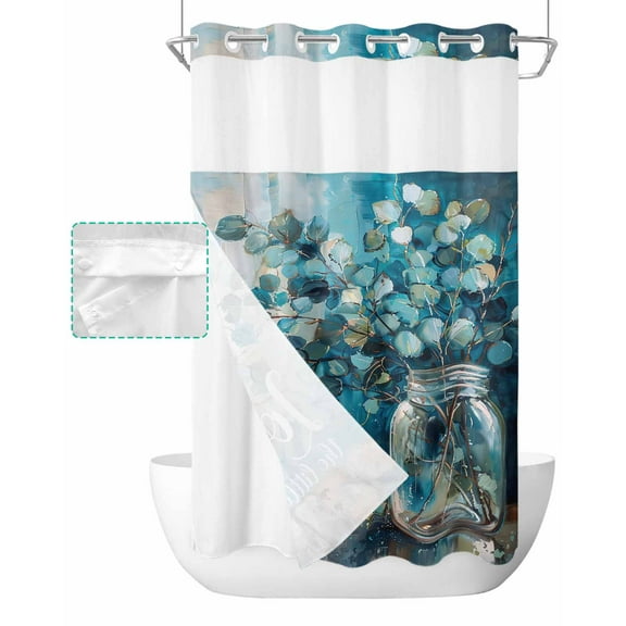No Hook Shower Curtain with Snap in Liner, Teal Blue Eucalyptus Branch Glass Vase Oil Painting Hotel Shower Curtains for Bathroom, Washable Shower Curtain Liner Set with Mesh Top Window, 36"x72"