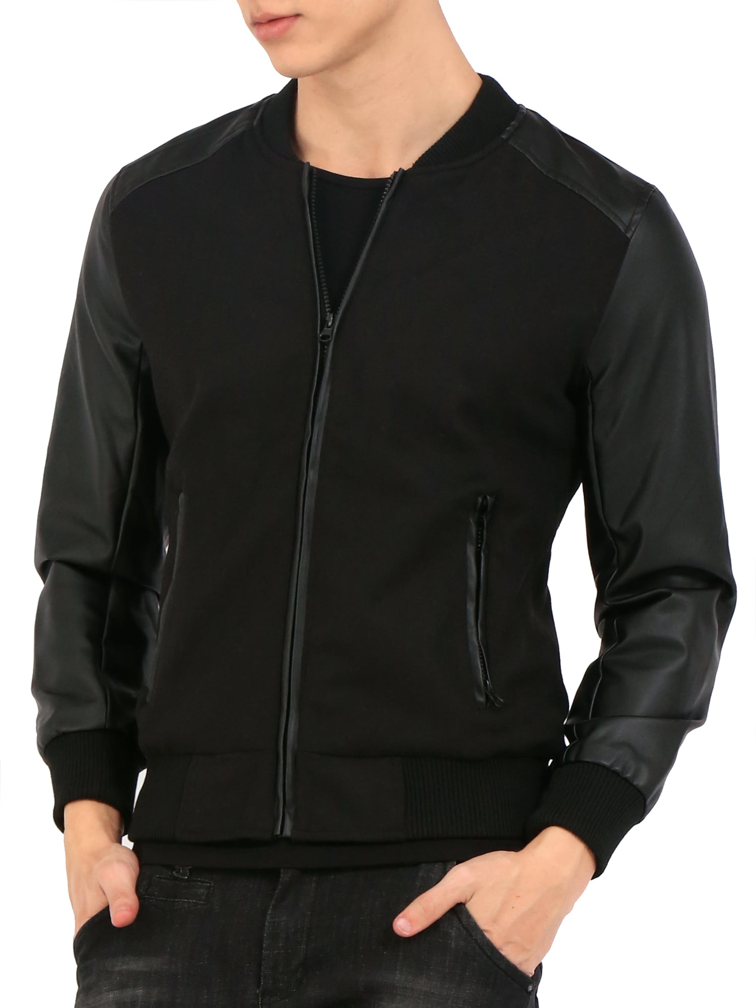 Men Fashion Rib Knit Collar Long Sleeve Leather Splice Jacket - Walmart.com