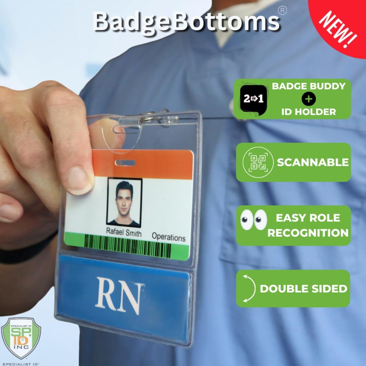 20 Pack - RN BadgeBottom Horizontal RN Badge Buddy & RN Badge Holder Combo - Heavy Duty 2 in 1 Badge Bottom I’D Nursing Accessories - Double Sided Clear Sleeve by Specialist ID