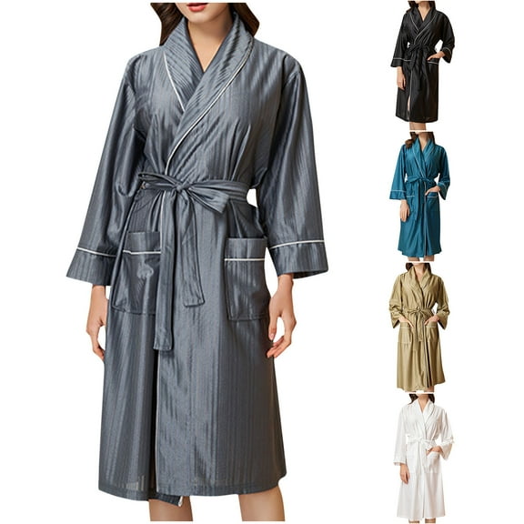 Feancey Womens Soft Bathrobe Mid Length Casual Long Sleeve Robes Comfy Loose Kimono Sleepwear Fall Lightweight Nightgown with Belt Black 3XL