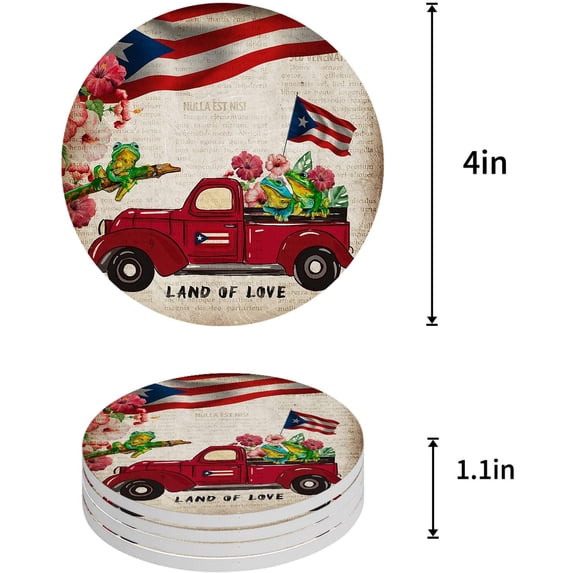 ZHANZZK Puerto Rico Red Truck with Hibiscus Frog Retro Texture Set of 4 Round Coaster for Drinks, Absorbent Ceramic Stone Coasters Cup Mat with Cork Base for Home Kitchen Room Coffee Table Bar Decor