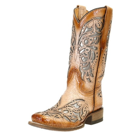 

Corral Boots Boys T0104 Kids Corral Shiny Inlay Square Toe Cowgirl Boot 4 Tan