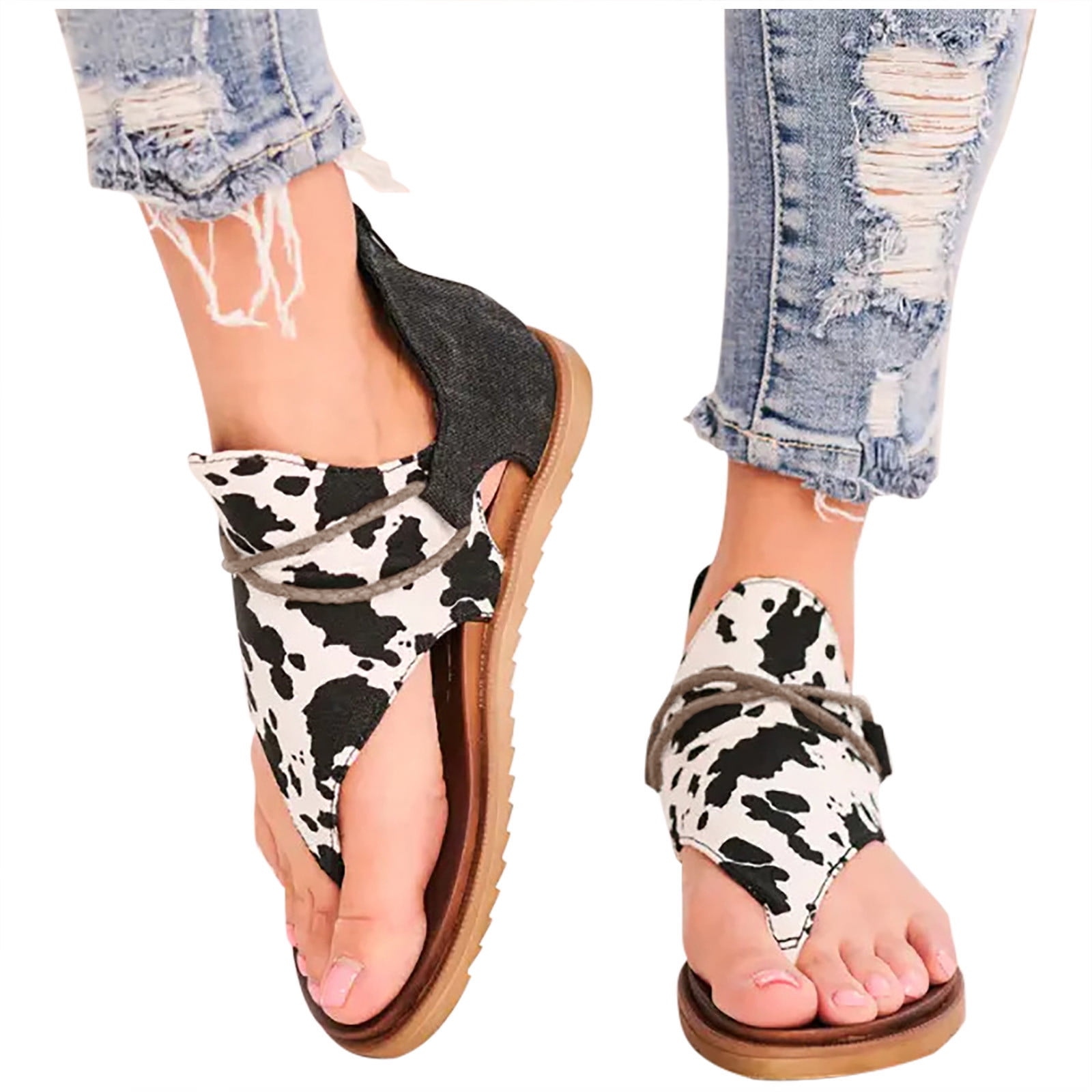 Leopard Flip Flop for Women Gladiator Sandals Casual Comfy Vintage Summer Flat with Back Zipper 