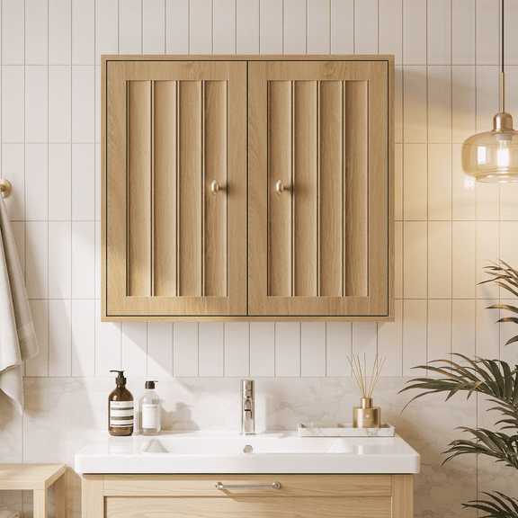 A7Store Modern Wall Cabinet, Large Medicine Cupboard Oak Cabinet for Bathroom with Groove Design, Oak