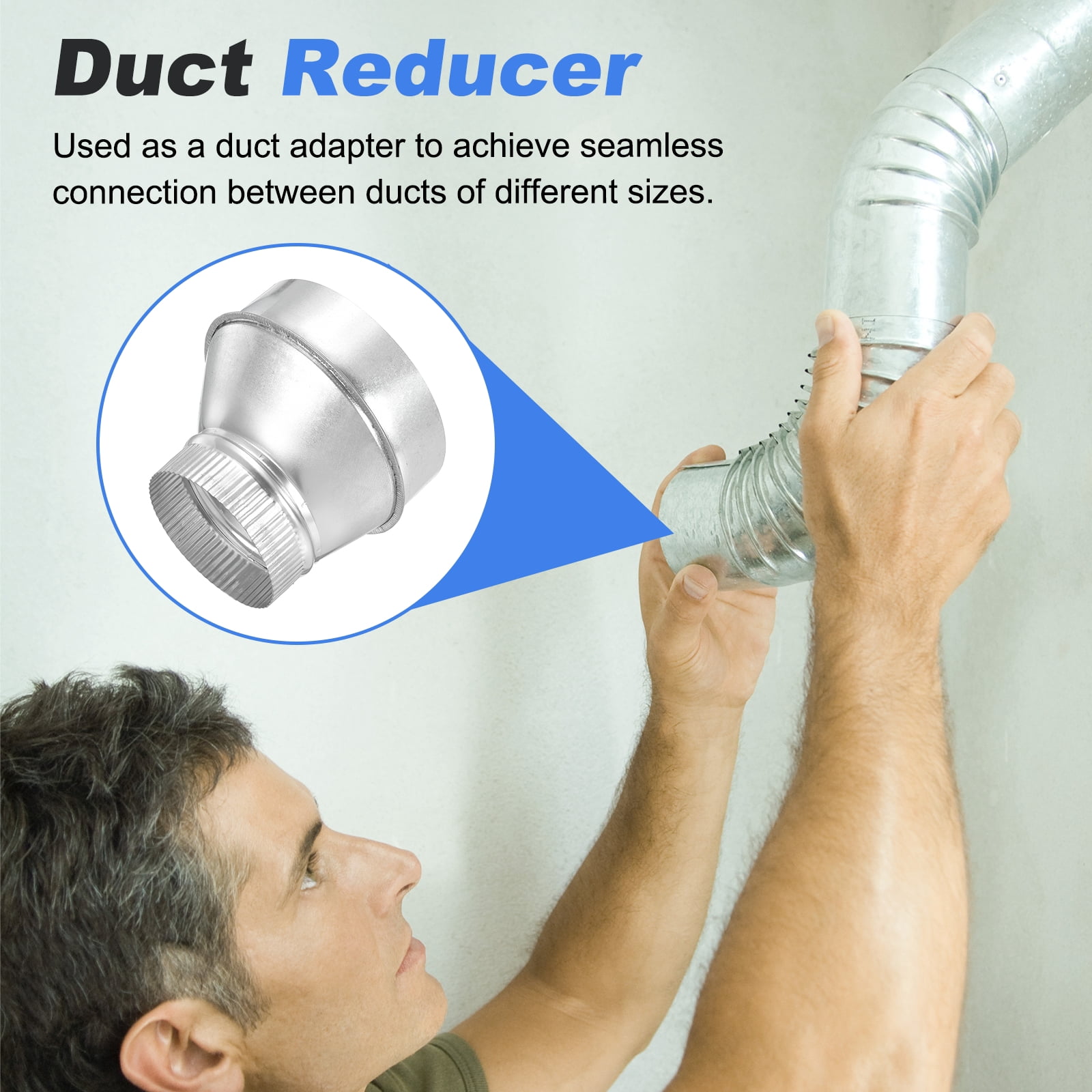 Uxcell Eccentric Duct Reducer (6" to 4" ) - Galvanized Steel Crimped End Ducting Connector Increaser Round Air Duct Adapter Pipe Vent Inline Fitting for HVAC Ventilation System, Silver