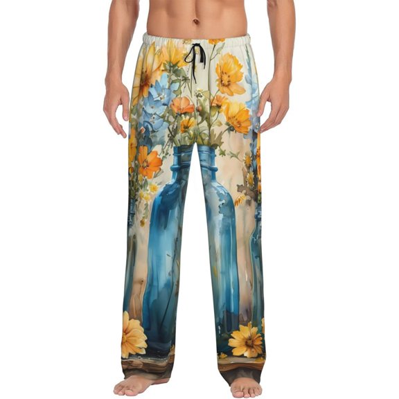 Hirioo Rustic Blue Vase Blossoms for Men's PJ Pajama Pants Sleep Pants Men's Home Trousers with Pockets,S-3XL-Large