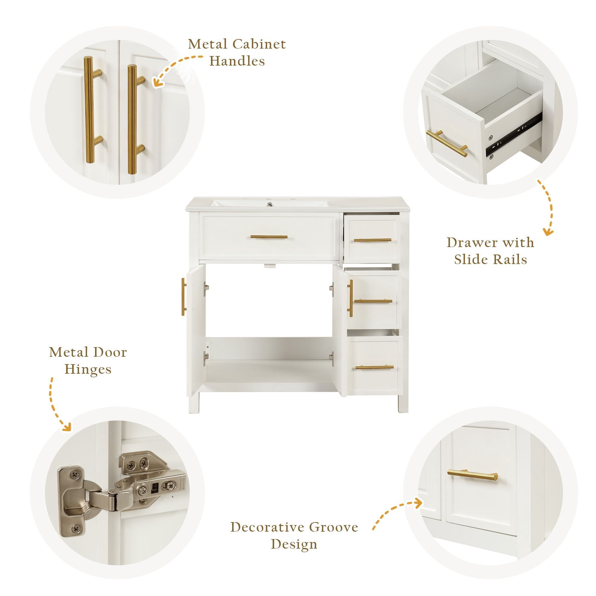 DEALTOPS Stylish Bathroom Vanity with Sink Top, Vanity Cabinet with Cabinet and 3 Drawers, White