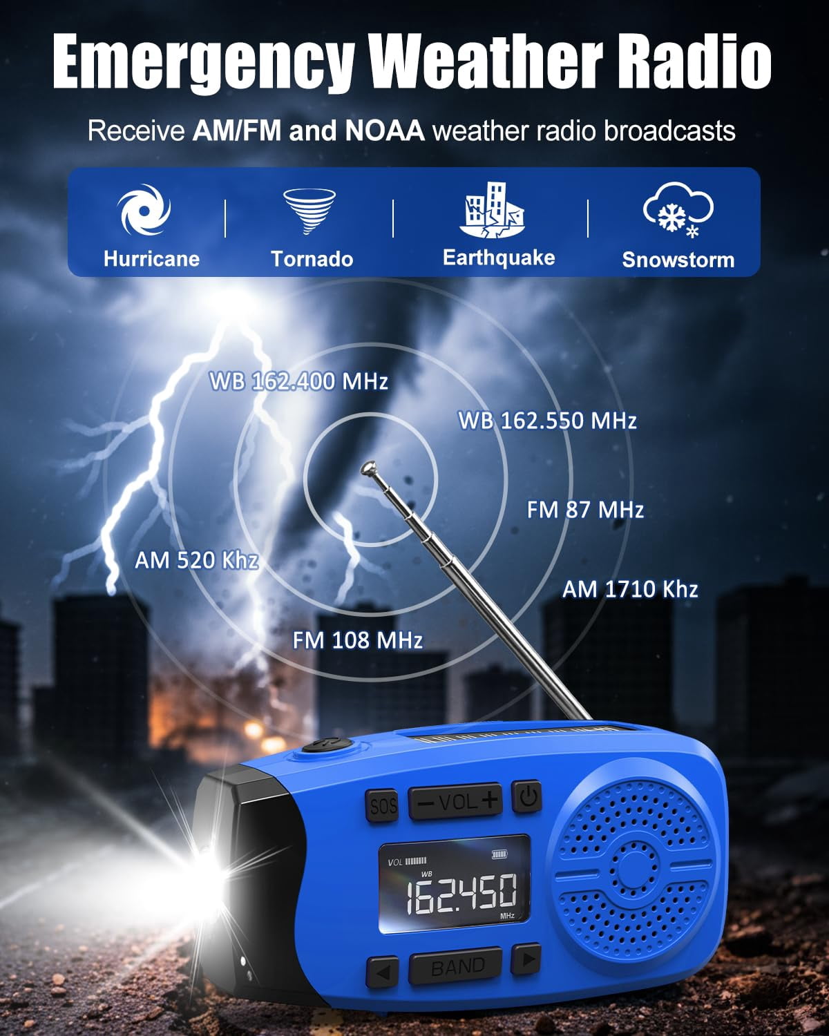 Emergency Weather Radio  7400mwh Hand Crank With Lcd Display Support Alert Usb/solar/hand 1w Flashlight&sos Alarm For Outdoor&home (blue)