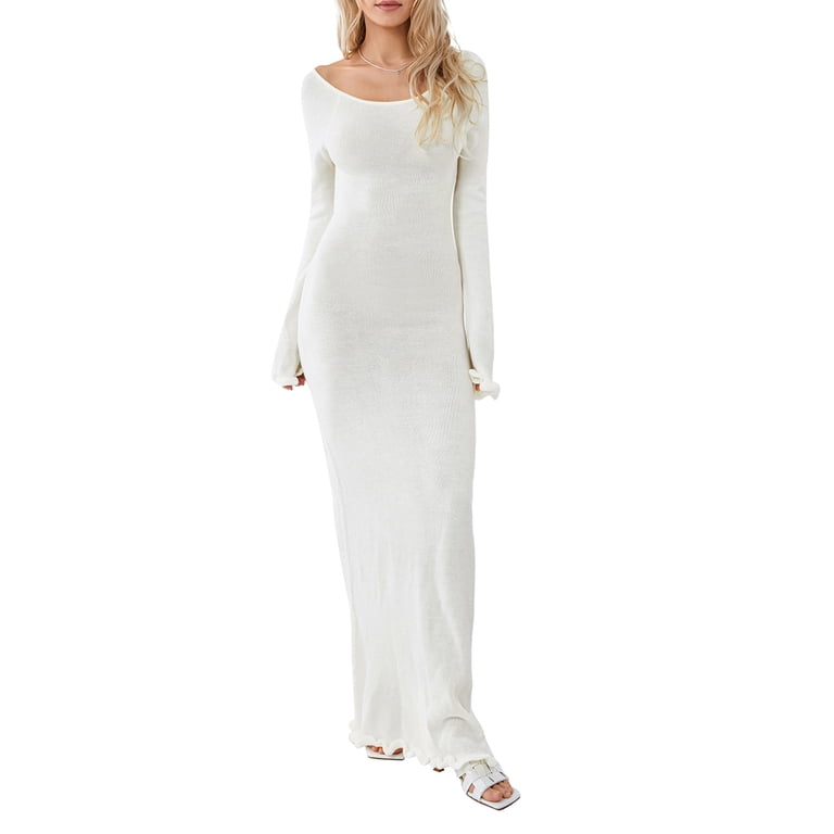 Musuos Women's Knitted Bodycon Long Dress Long Sleeve Tie Backless Scoop Neck Slim Fit Solid Color Ruffle Trim Dress - Walmart.com Musuos Women's Knitted Bodycon Long Dress Long Sleeve Tie Backless Scoop Neck Slim Fit Solid Color Ruffle Trim Dress - Walmart.com