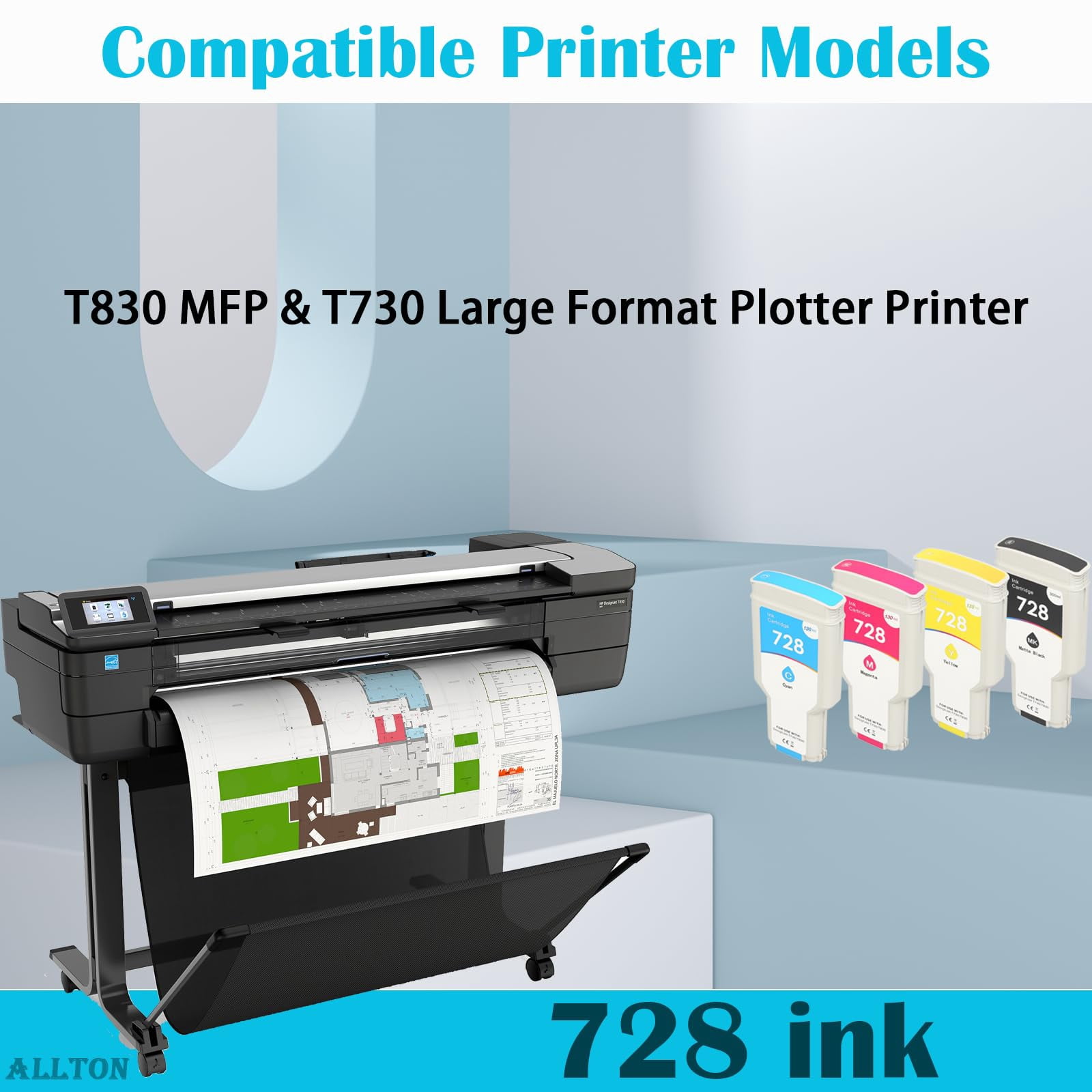 728 Ink Cartridges 4-Pack Compatible F9J68A F9K17A F9K16A F9K15A Ink Cartridge Replacement for DesignJet T830 MFP & T730 Large Format Plotter Printer(300-ml Matte Black / 130-ml Cyan/Magenta/Yellow)
