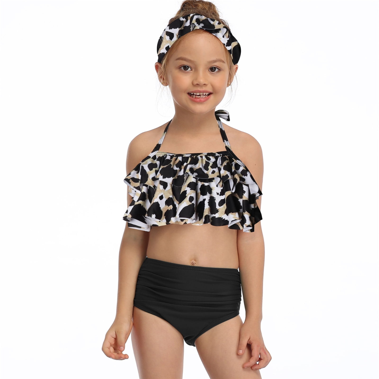 Nobrand Girls Swimsuits Set Nylon Leopard Print High Waisted Bathing Suit Kids Bikini Multicolor