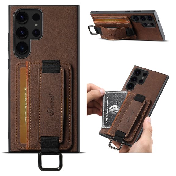 for Samsung Galaxy S24 Ultra Wallet Case with Kickstand, Premium PU Leather Wrist Strap Hand Holder Cover with Card Slot Finger Ring Shockproof Case for Samsung Galaxy S24 Ultra, Brown