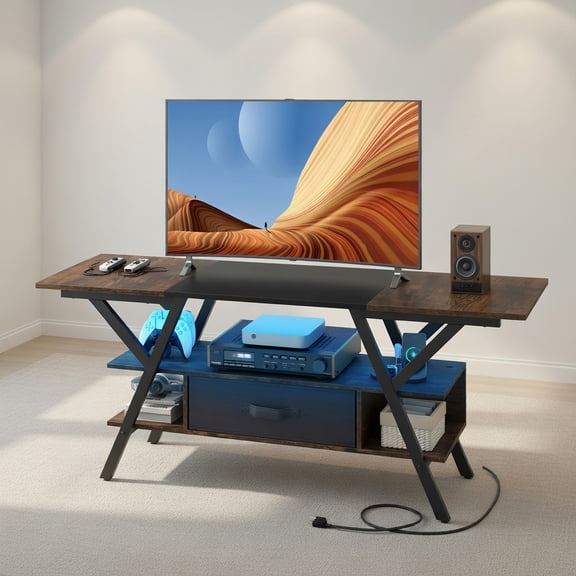 Resenkos 65-Inch TV Stand with Built-In Power Outlets and LED Lighting, Rustic Brown