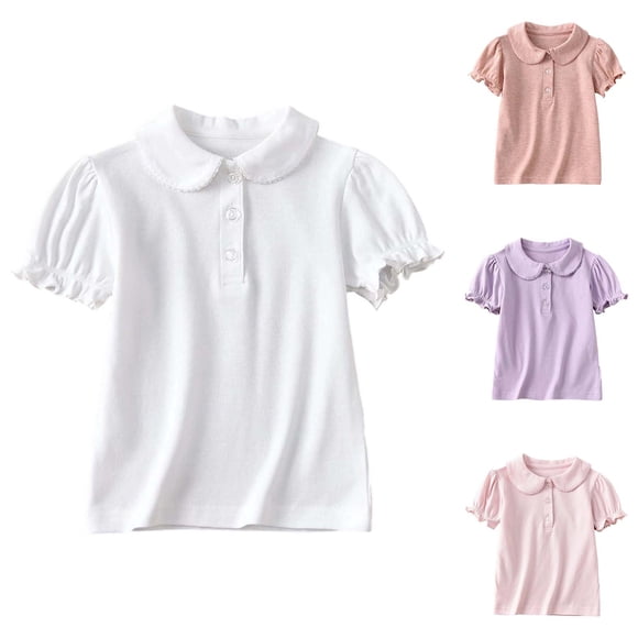 Chemise à Manches Courtes pour Filles avec Garniture de Laitue, Col Peter Pan, Polo en Coton, Blouse à Boutons