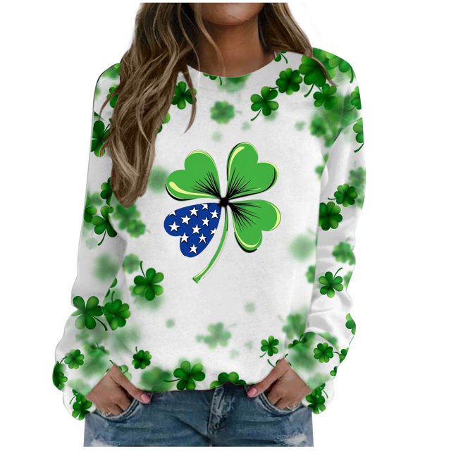 Plebaso Chandail en Molleton de la Saint-Patrick pour Femmes Imprimé Trèfle Col Rond Manches Longues Chandail P-5TG