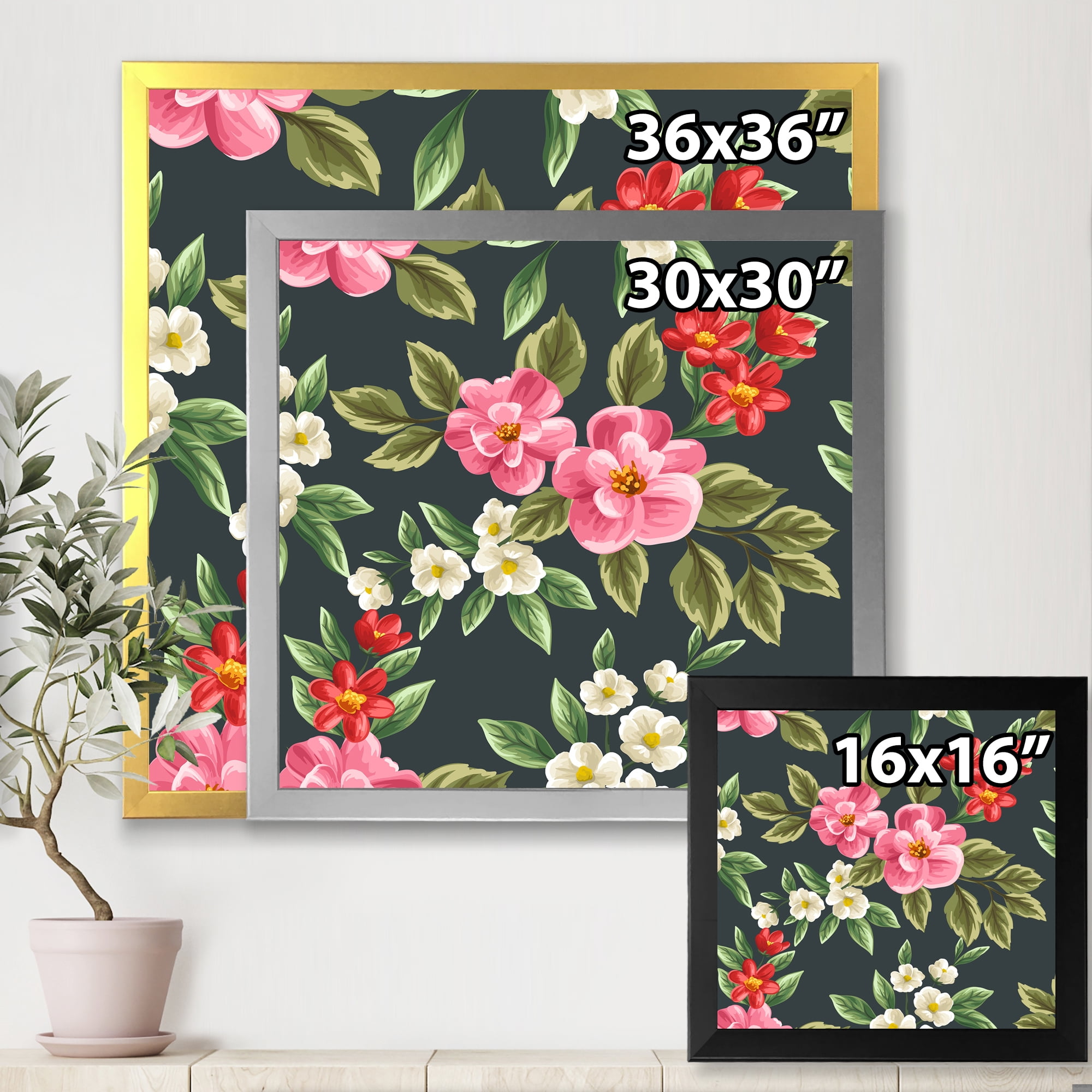 Designart 'Vintage Red and Pink Wildflowers II' Traditional Framed Art Print
