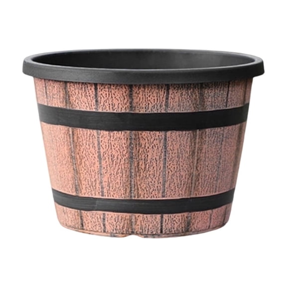 Imitation Wine Barrel Design Plant Pot, Breathable Planter with Matching Base Tray, Lightweight Break-Proof Plantcontainer for Indoor Outdoor Potted Plants Home Gardening Decor Brown