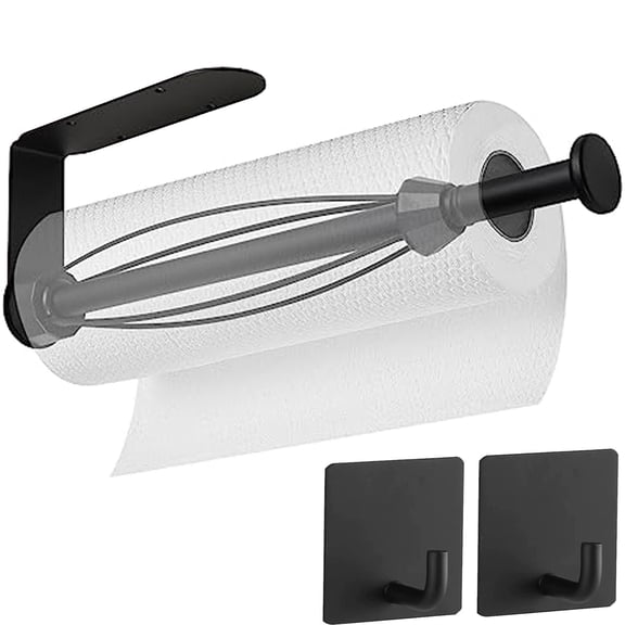 Paper Towel Holder Under Cabinet, Single Hand Operable Wall Mount Paper Towel Holder with 2pcs Adhesive Hooks, Self-Adhesive or Drilled for Kitchen, Bathroom (Black)