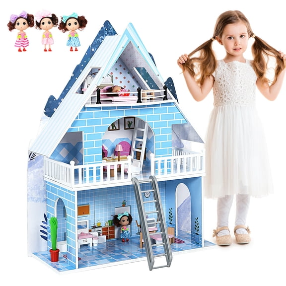 Gymax Wooden Dollhouse 3-Story Pretend Playset W/ Furniture & Doll Gift for Age 3  Year