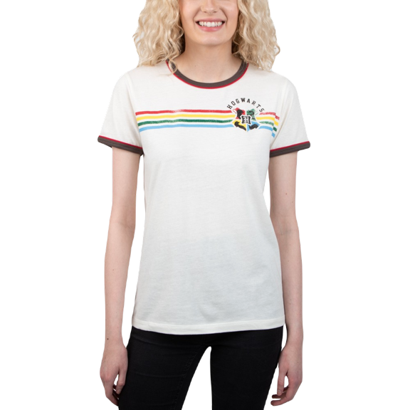Juniors' Harry Potter Hogwarts Rainbow Stripe Ringer T-Shirt-X-Large