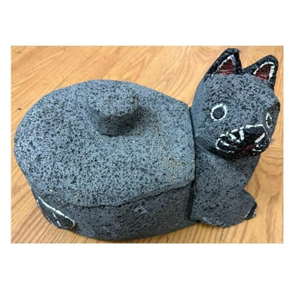 Made in Mexico Beautifully Hand Carved Painted Guacamole Maker Large Cat Gato Mexican Manual Guacamole Salsa Maker Volcanic Lava Rock Stone Molcajete W/Top Mortar and Pestle